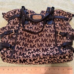 Michael Kors MK Monogram Canvas Satchel Large Shoulder Bag Brown Black